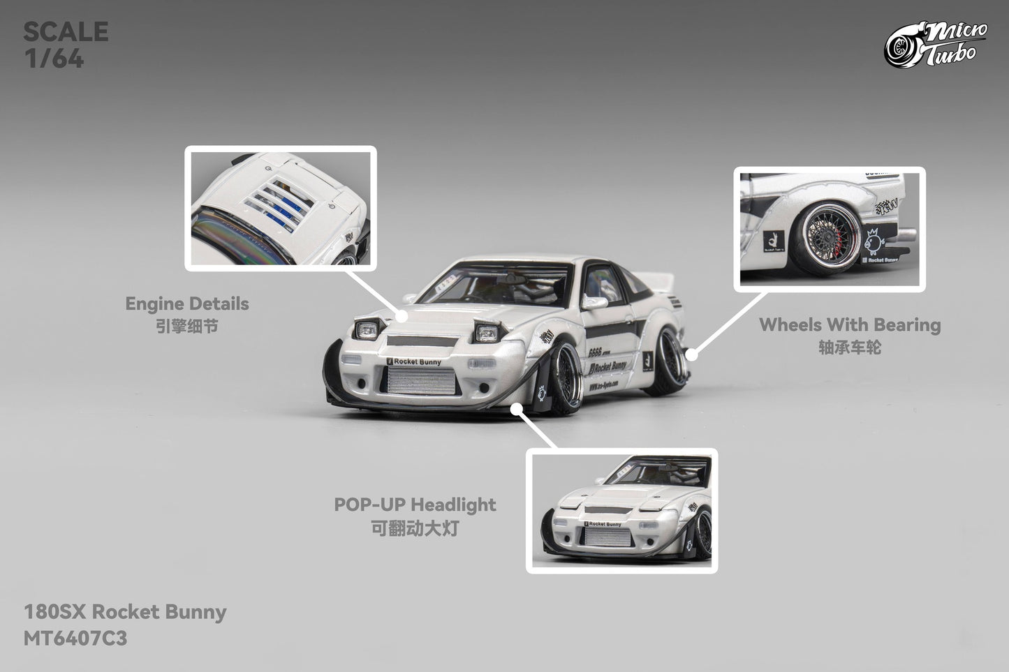 Microturbo - 1/64 Custom 180SX Rocket Bunny - Metalic White