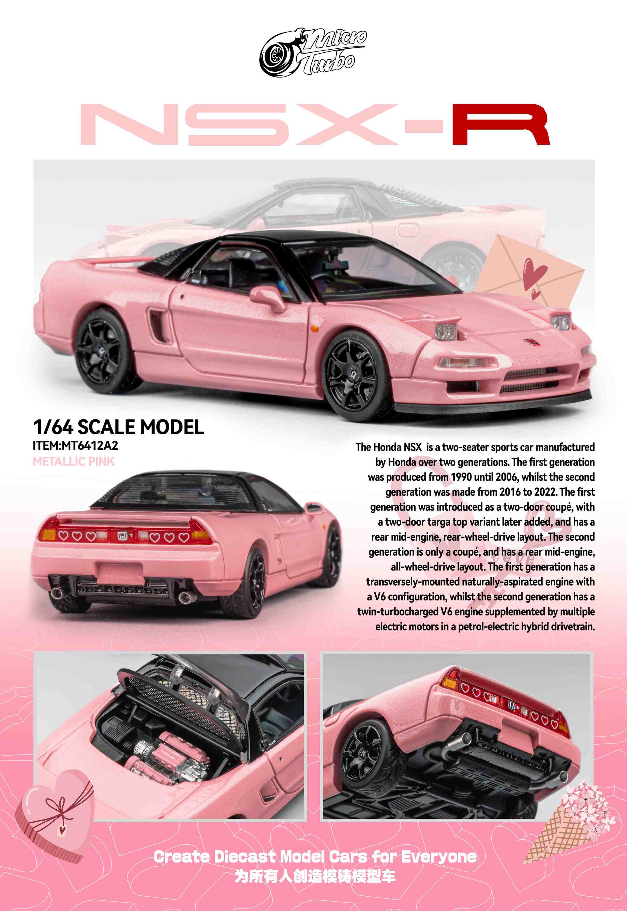 【新品未開封】 1/64 MT Honda NSXワイドボディ ピンク 仕様 Microturbo 1/64 Custom NSX-R NA1 - Metallic Pink